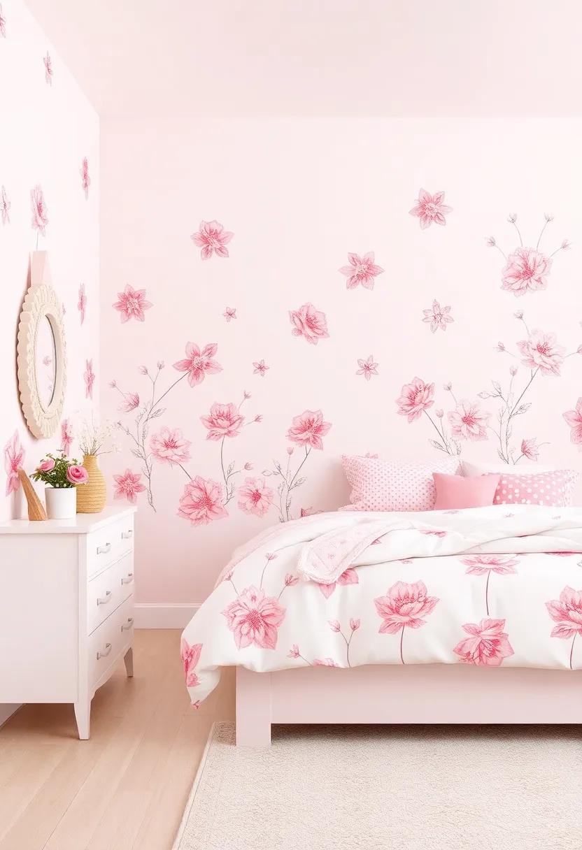 Delicate Floral Patterns⁣ That Bring a Touch of whimsy to Bedroom decor with Pink and White Themes