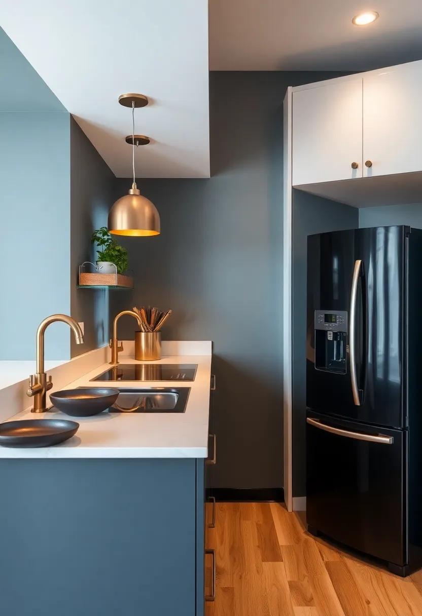 Unexpected Metallic Touches Enhancing Dimension in Small Kitchen Layouts