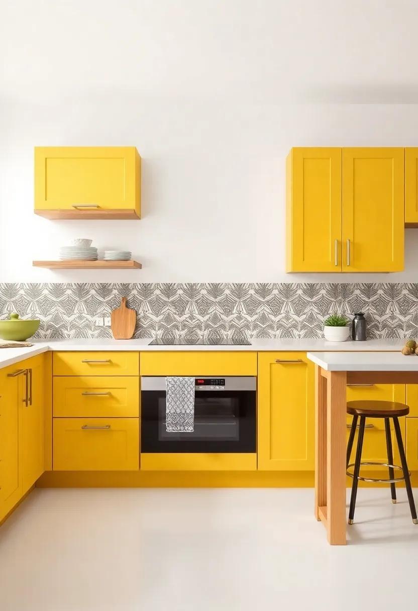 Mixing and matching: Yellow⁣ Cabinets with Bold Patterns