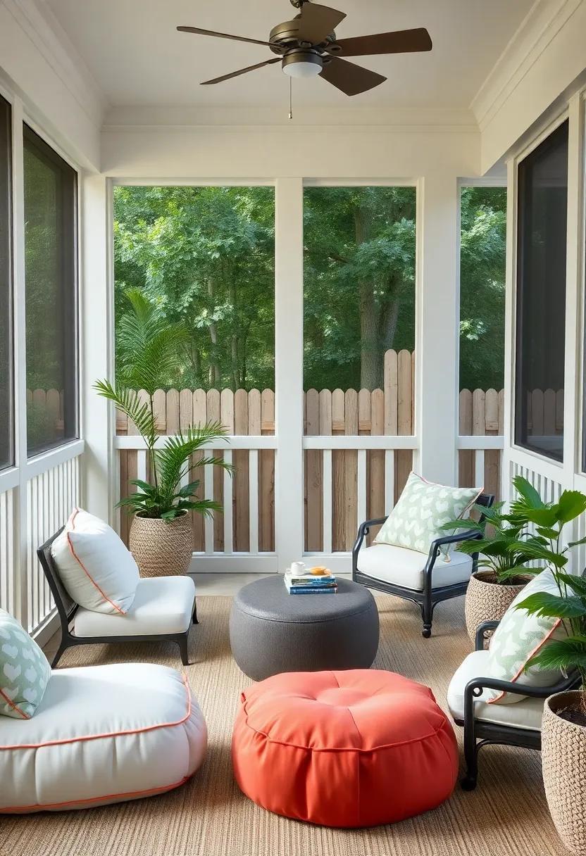 Cozying Up: Stylish Screened Porch Lounges with Poufs and Floor Cushions