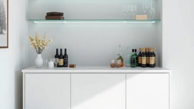 Elevate Your Space: Stylish Small Living Room Bar with Glass Shelves for Chic Entertaining