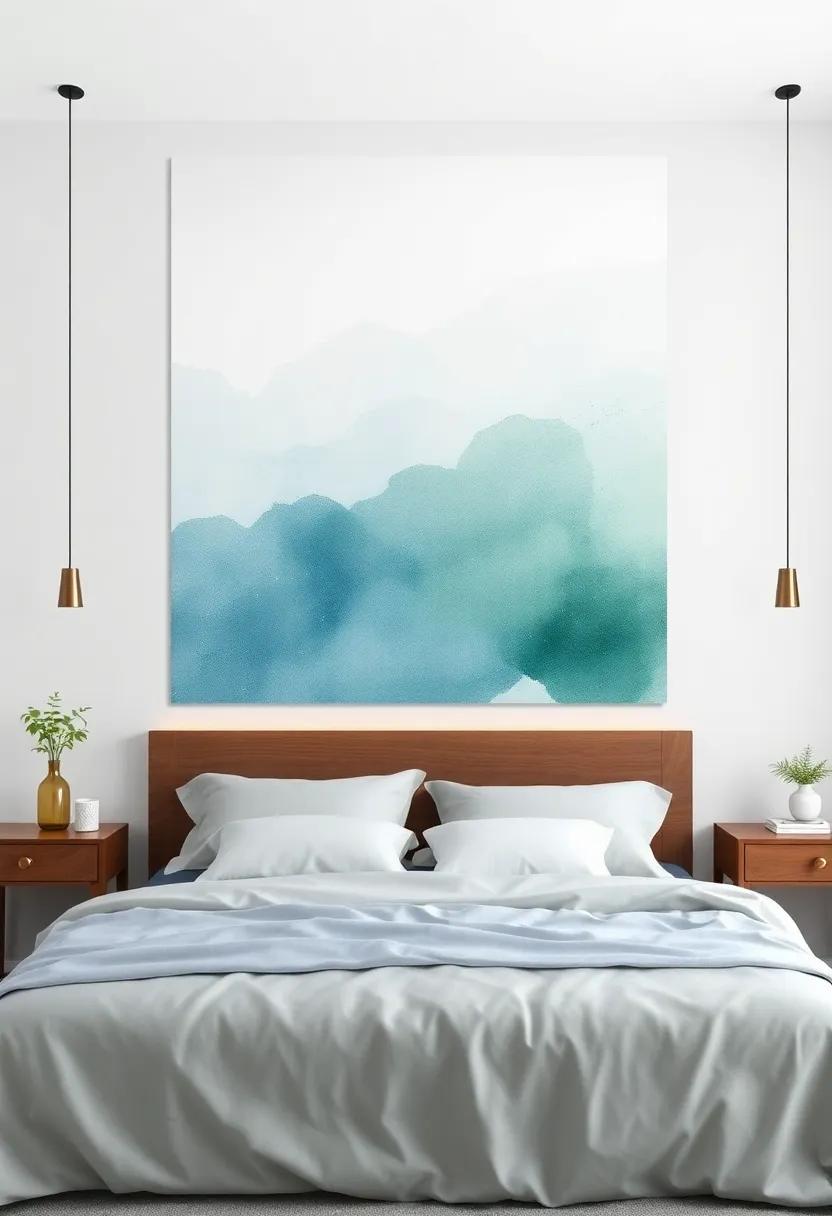 Embrace Serenity: A gentle watercolor piece that blends soft⁣ blues‍ and greens, creating a calming atmosphere in your bedroom