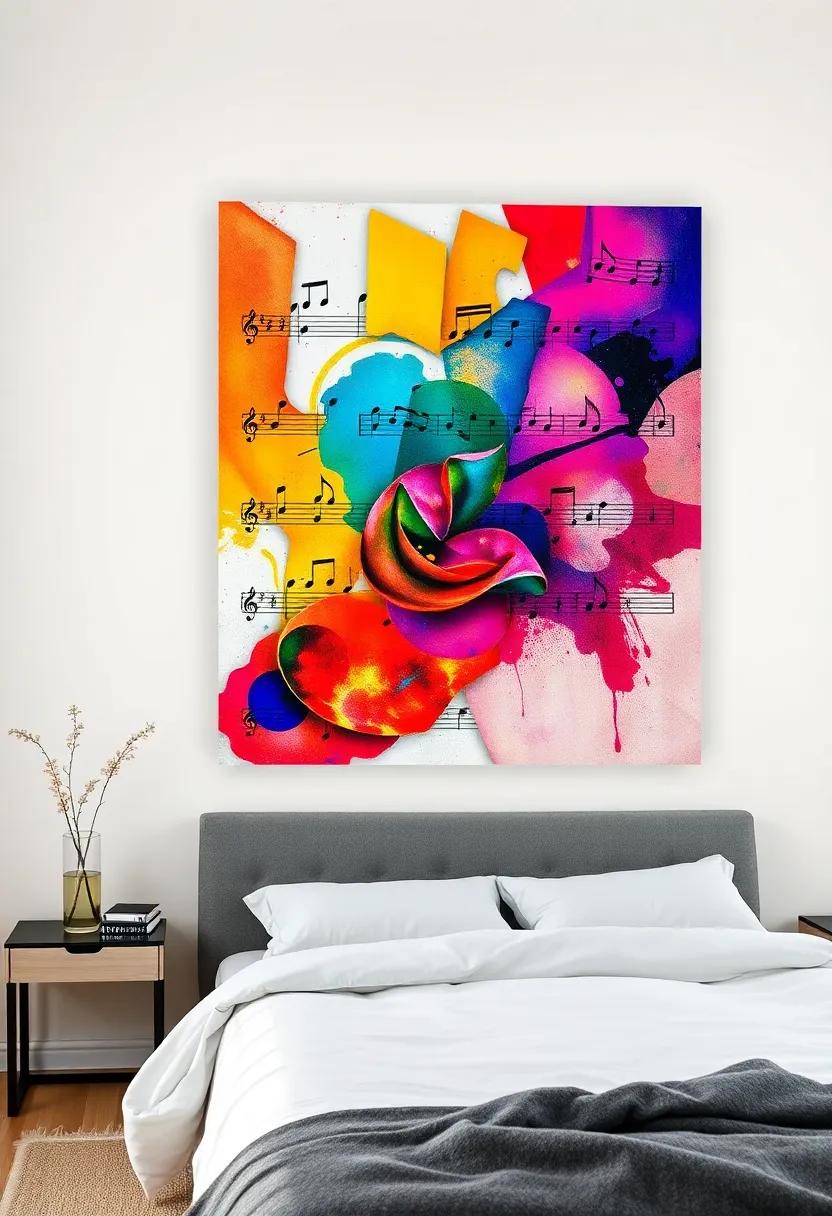 Fragmented Symphony: A multi-layered ‌piece that resembles a musical score ‍in vivid colors, perfect ​for music lovers