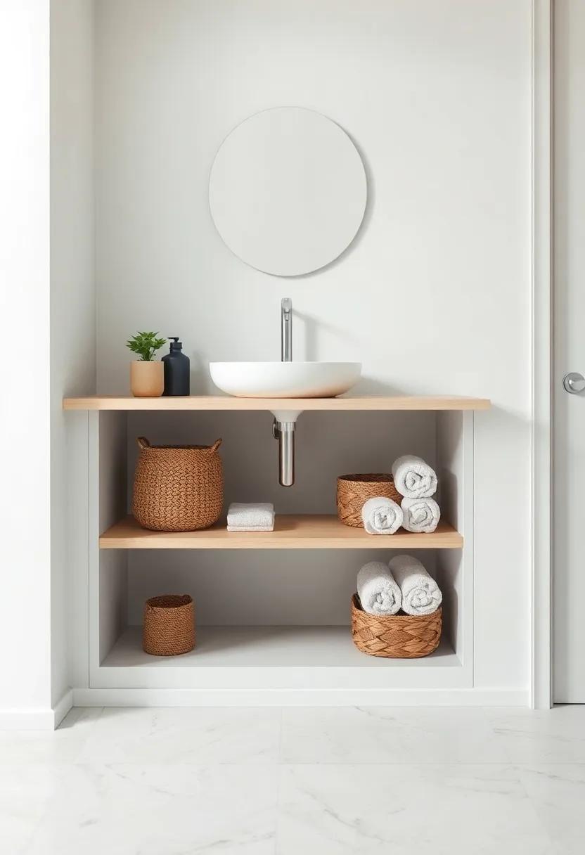 Open concept: Choose an open shelving design under the sink for an airy feel while displaying stylish baskets or rolled towels
