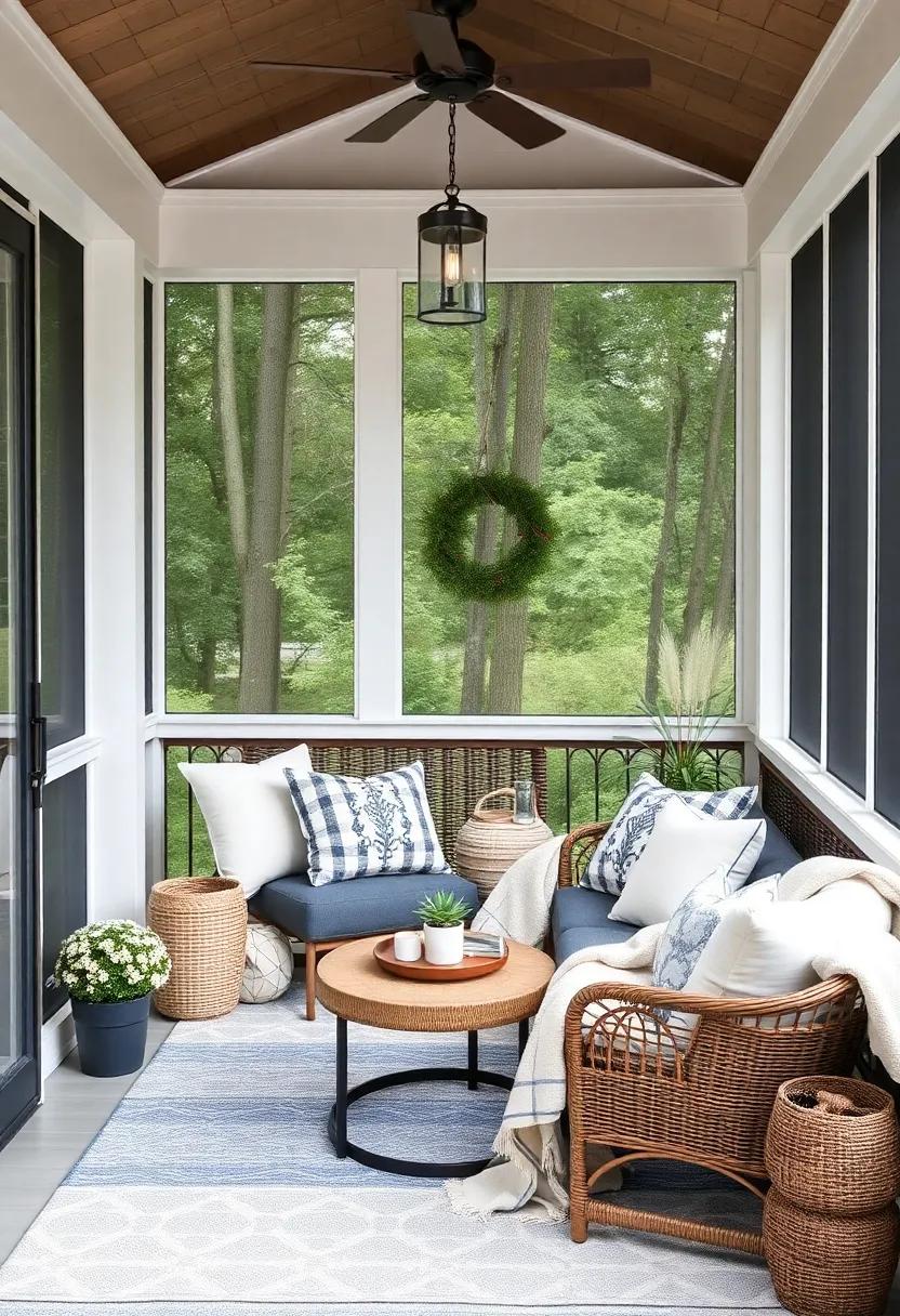 Cozy Corner Nook: Transform a corner of your screened back porch into a cozy nook with plush cushions and soft throws to create the perfect reading retreat