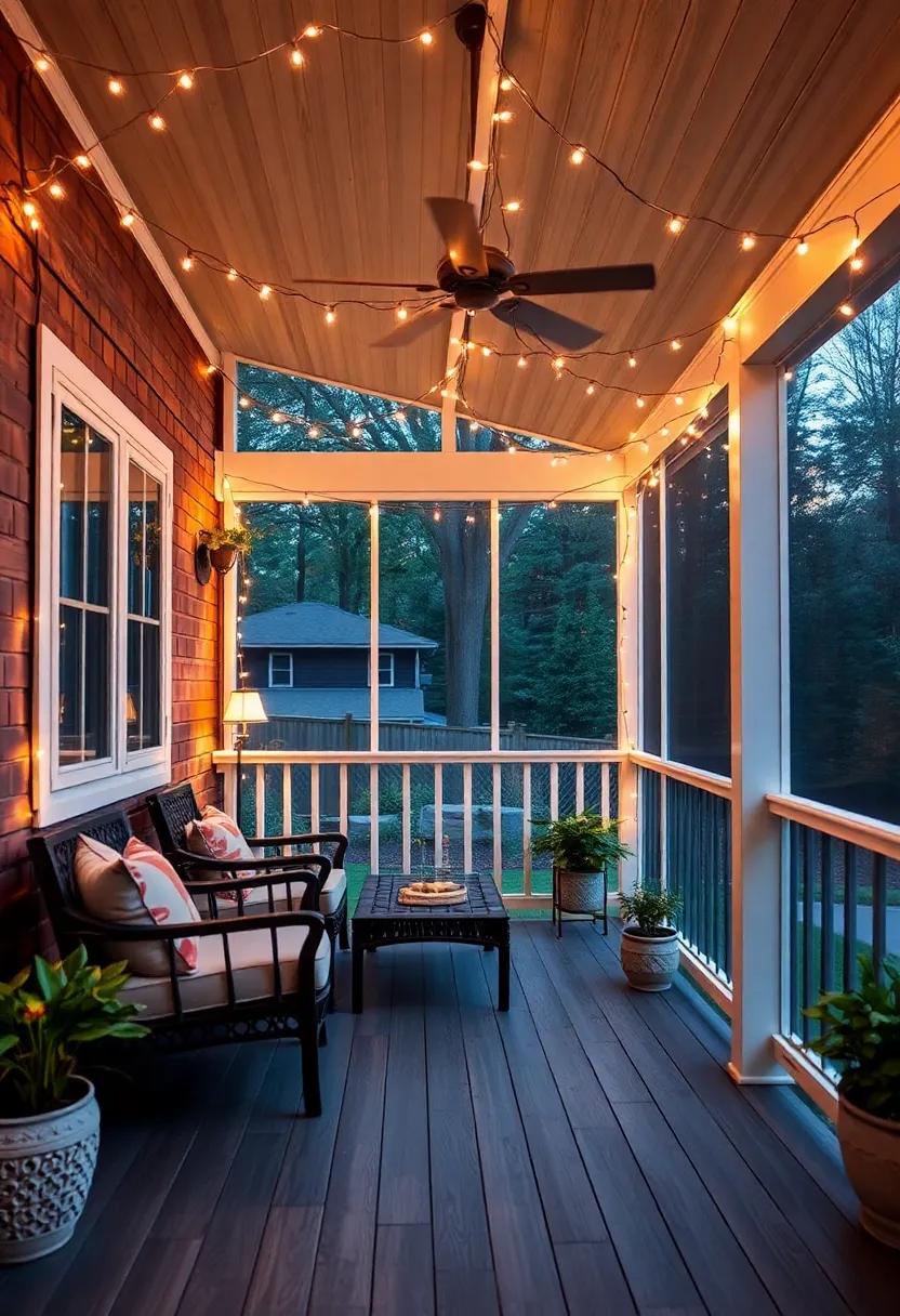 Twinkling fairy Lights: Add a magical touch to your porch with twinkling fairy lights strung along the ceiling, creating a warm and inviting ambiance for evening relaxation