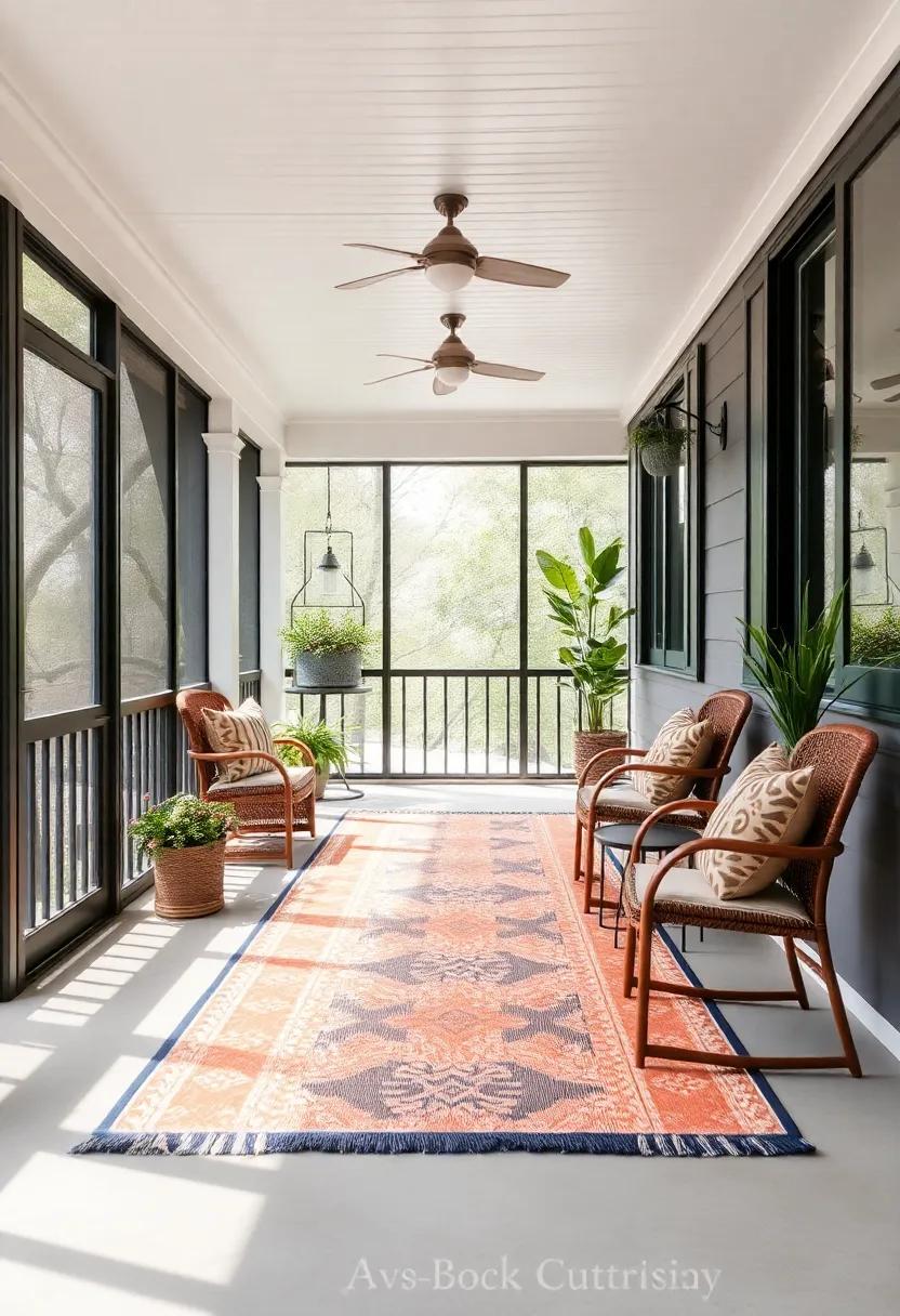 Outdoor Rugs: Use outdoor rugs in vibrant patterns to define spaces and add comfort underfoot, transforming the porch into a stylish and welcoming area