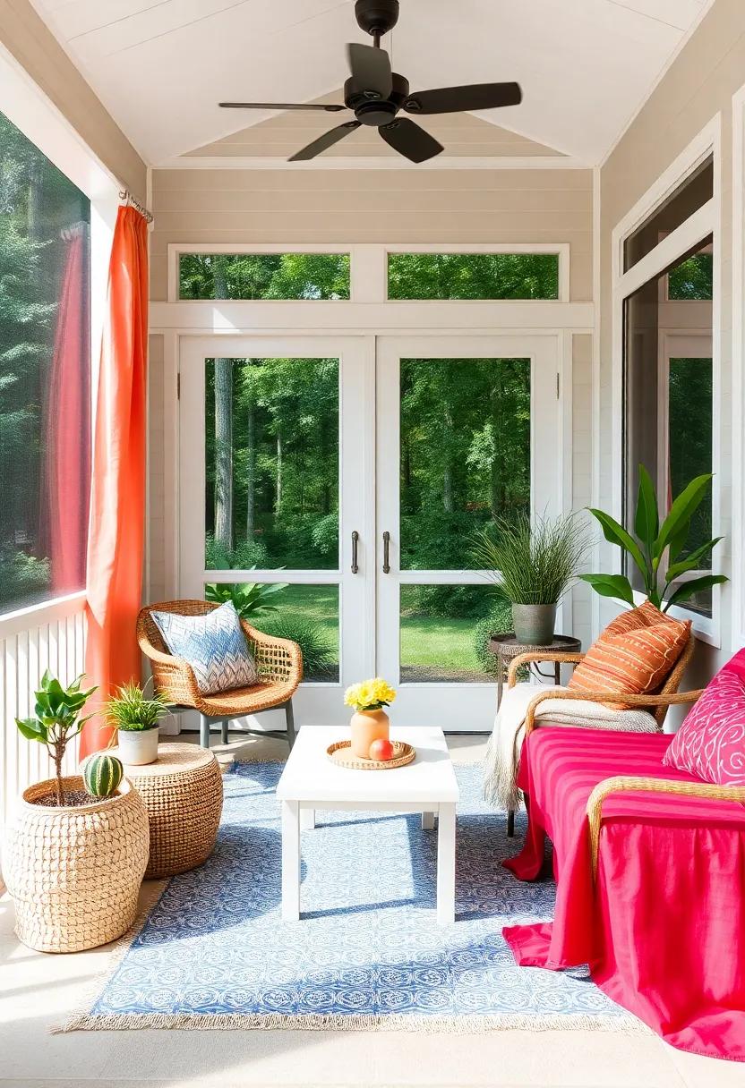 Colorful Textile Accents: Use vibrant textiles in cushions, throws, and curtains to add color and personality to your screened back porch, making it feel lively yet peaceful