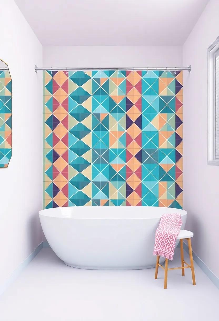 Bold Geometric: Make a statement with striking geometric patterned shower curtains in bright hues that energize your bathing space