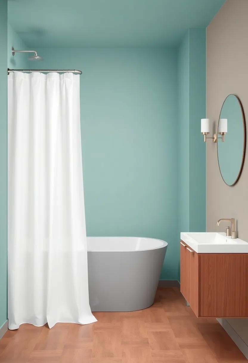 Dramatic Contrast: Balance bold wall colors with subtle shower curtains for a striking contrast that captures attention while maintaining harmony