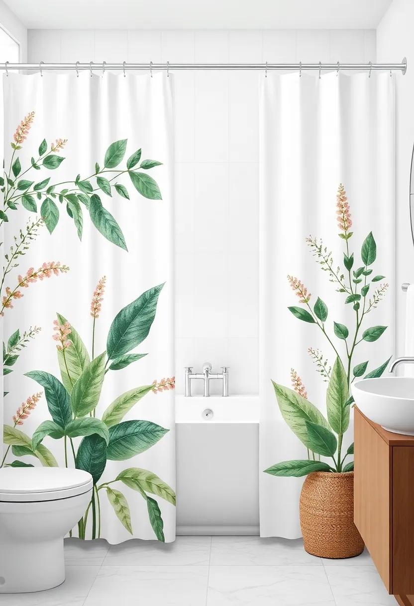 Embrace Nature: Discover a serene bathroom adorned with botanical print shower curtains that ​bring the outdoors inside, creating a refreshing retreat