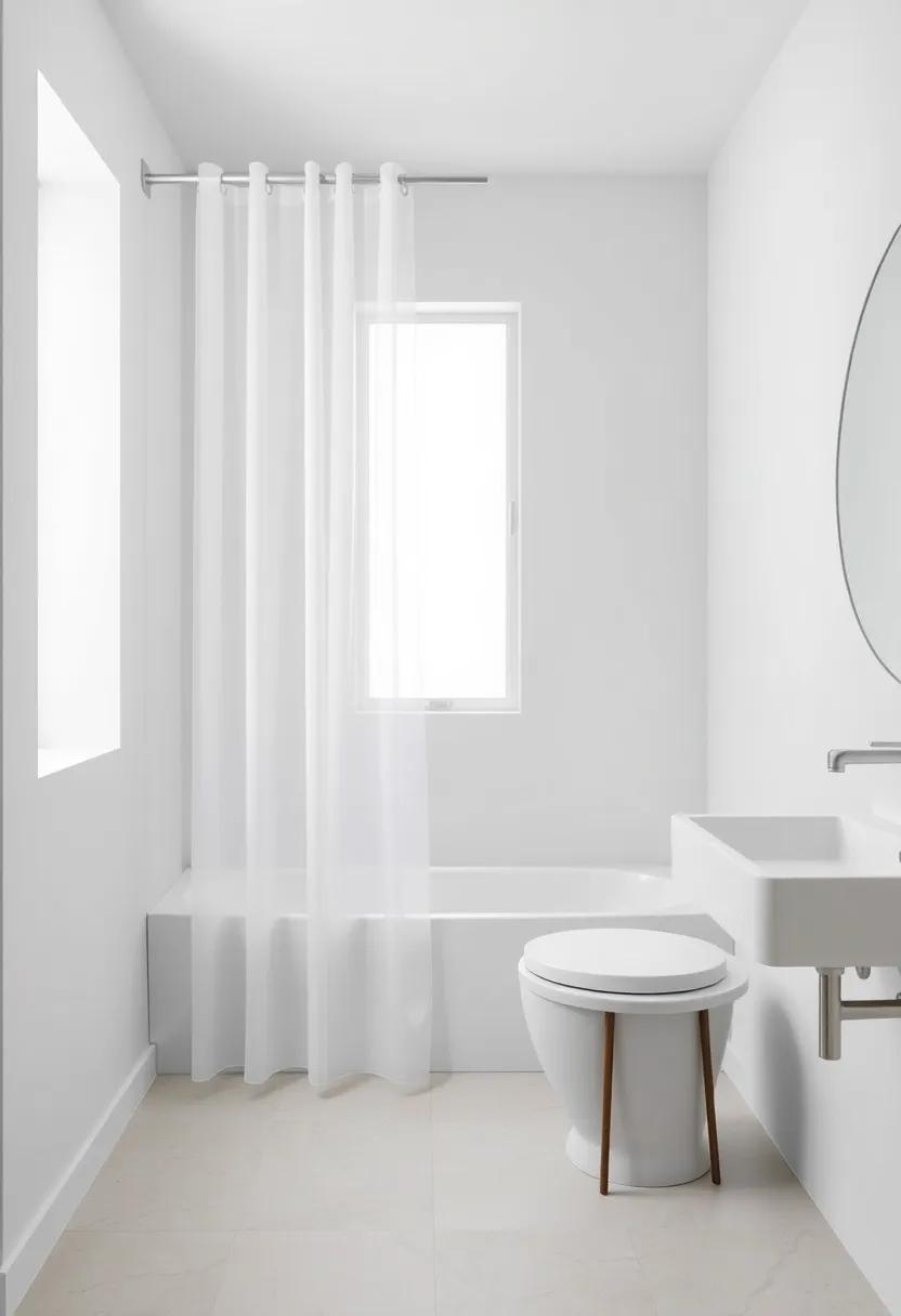 Minimalist Elegance: Enjoy a sophisticated bathroom with subtle hues and simple lines, enhanced by elegant sheer shower curtains that maintain a light and airy feel