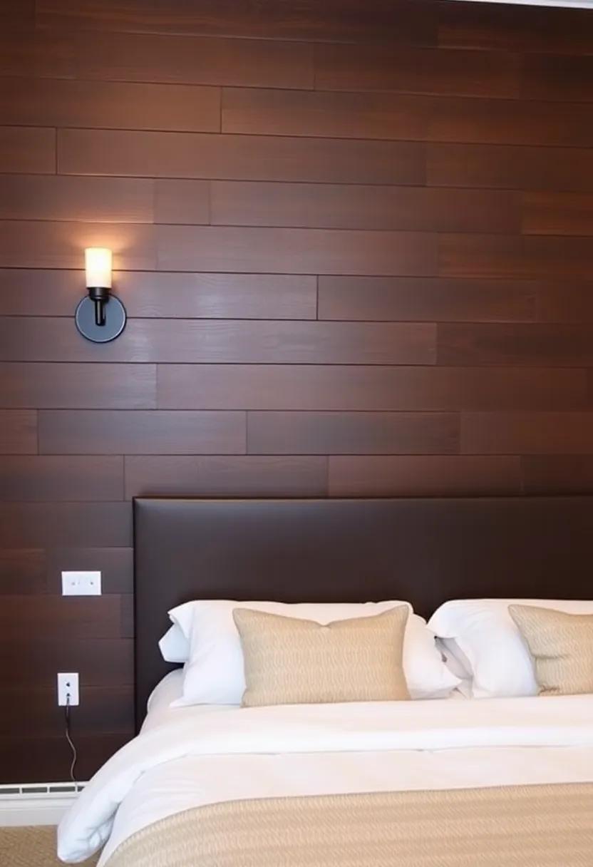 13) Consider a⁢ stained wood‍ plank feature wall framed by ​chic sconces,casting ​warm light that enhances the wood's natural beauty