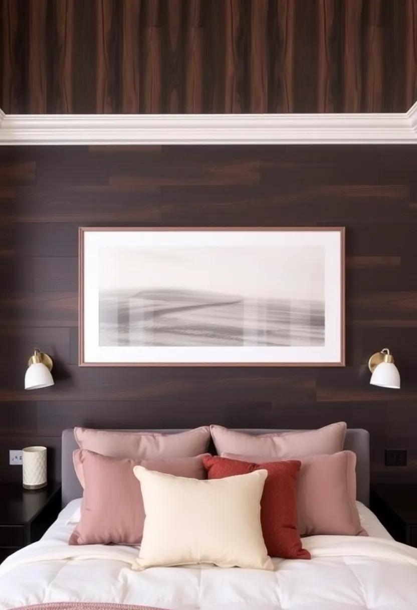 14) A ⁣dark wood accent wall can be complemented with soft textiles in lighter shades, ‍allowing for⁣ a⁢ plush and​ inviting ‌atmosphere