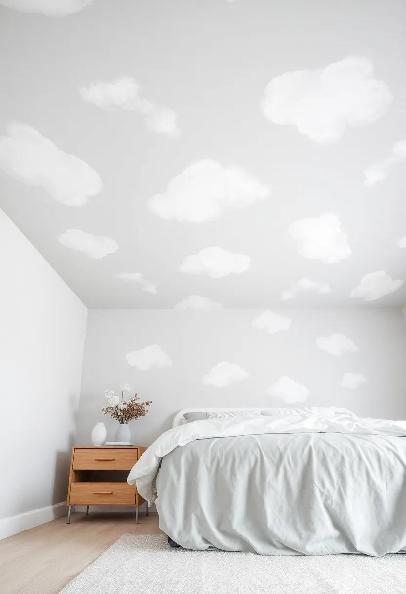 Soft Grey with Cloud Patterns: Incorporating light grey with soft white cloud patterns can provide a whimsical twist ⁢to your ceiling, sparking imagination