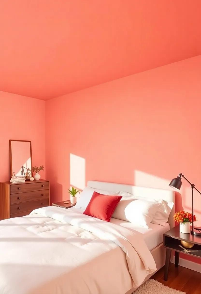 Vibrant Coral:⁣ A lively coral ceiling adds warmth and enthusiasm, making the bedroom ‌a lively place⁣ to retreat to
