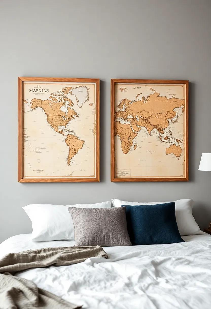 Vintage Maps: Frame vintage ​maps in textured wooden frames to inspire wanderlust while effortlessly tying together rustic elements in your retreat