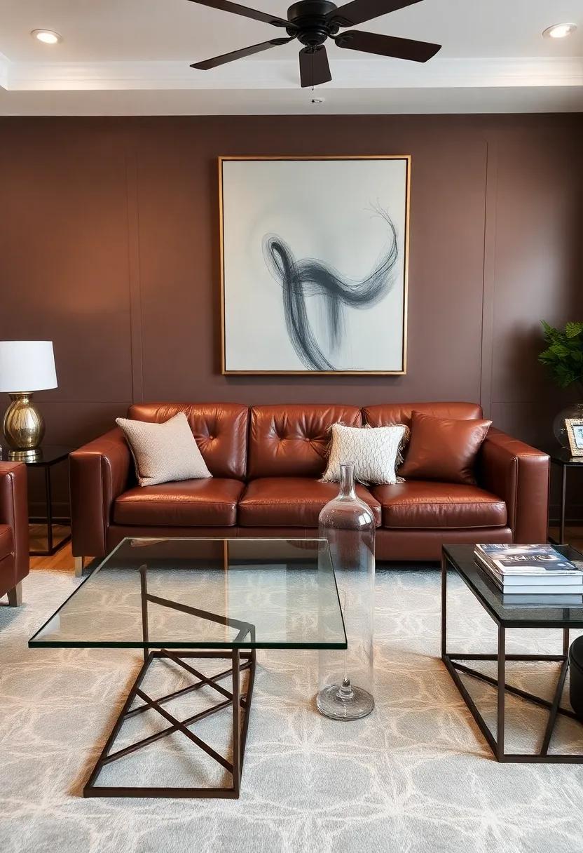 Embrace the warmth of a brown leather sofa ⁢paired ⁤with a sleek glass coffee‍ table for a modern yet inviting look