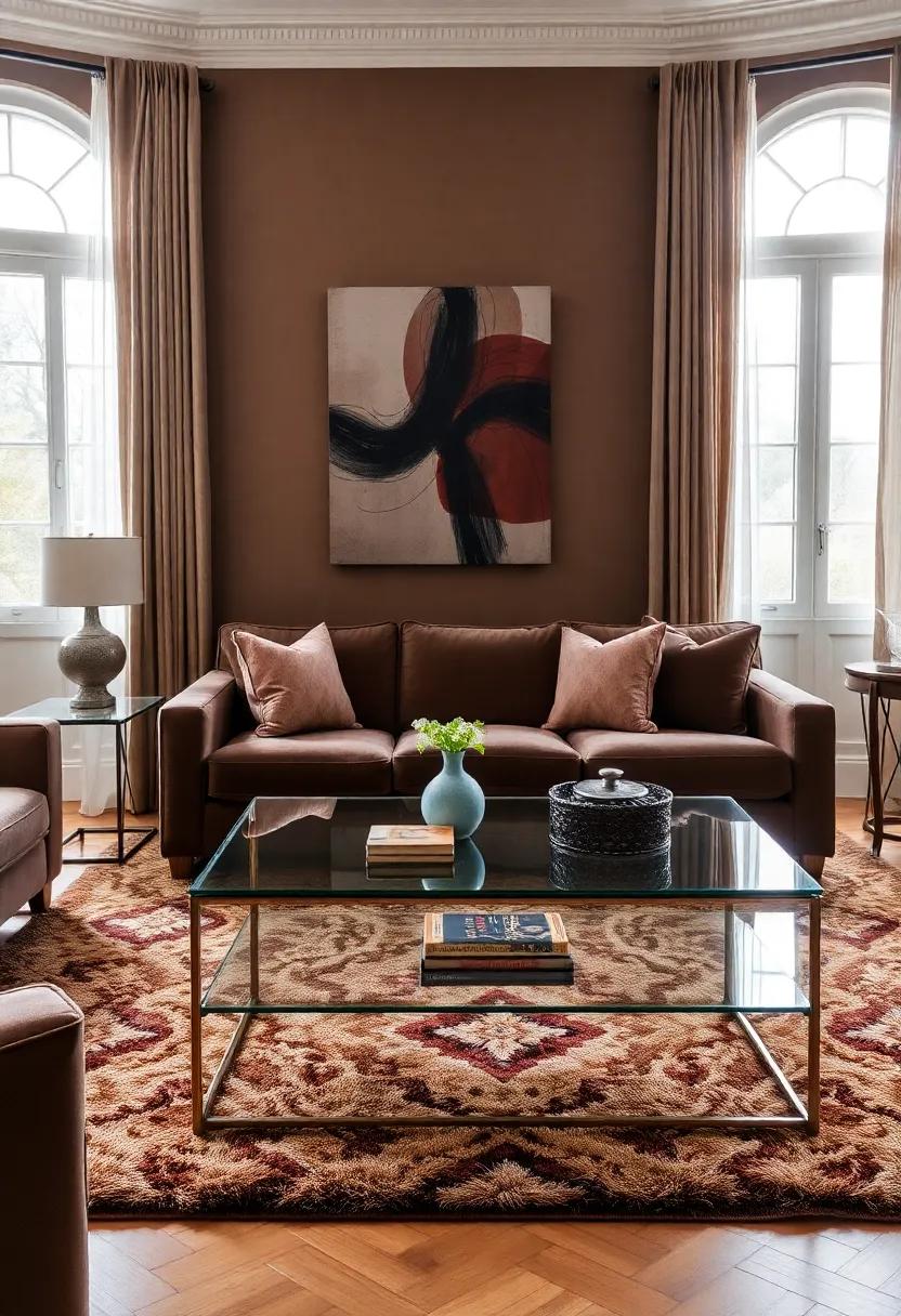 Layer‌ textures with a soft‌ brown area rug beneath a ‌glass ​top ⁤console table, bringing ‌depth and elegance to ⁤the room