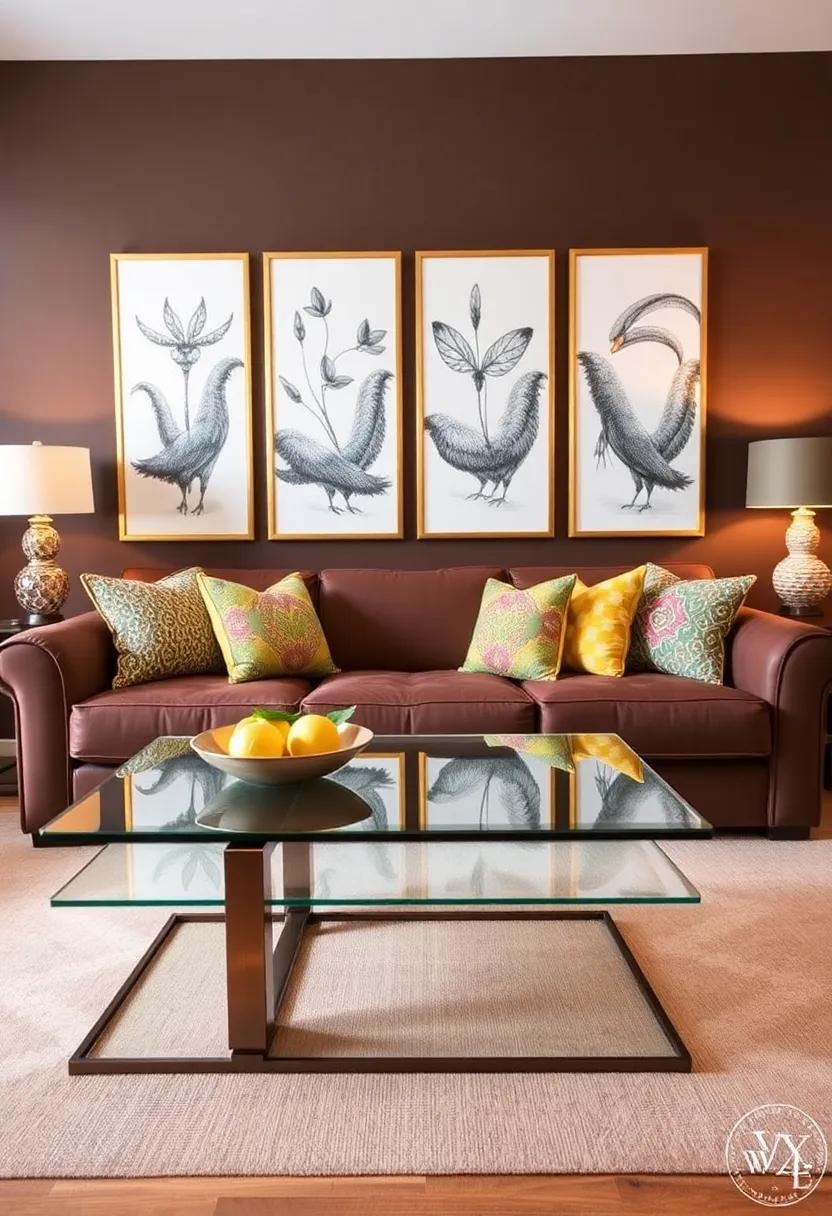 Adorn a brown sofa with‍ vibrant cushions, punctuated⁣ by a striking glass coffee table‍ that‍ ties the⁤ colors together