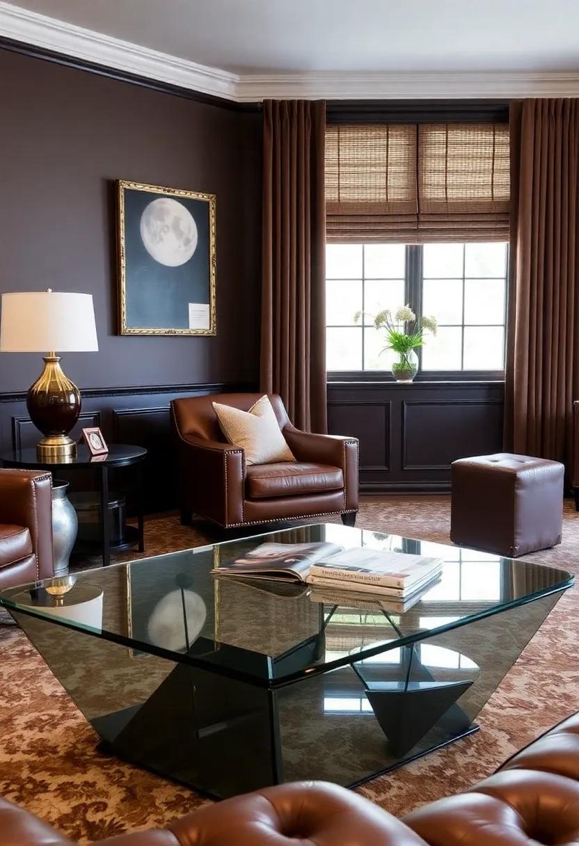 Select⁣ a geometric glass coffee table that contrasts beautifully with a⁤ rich brown leather chair, adding an element of intrigue