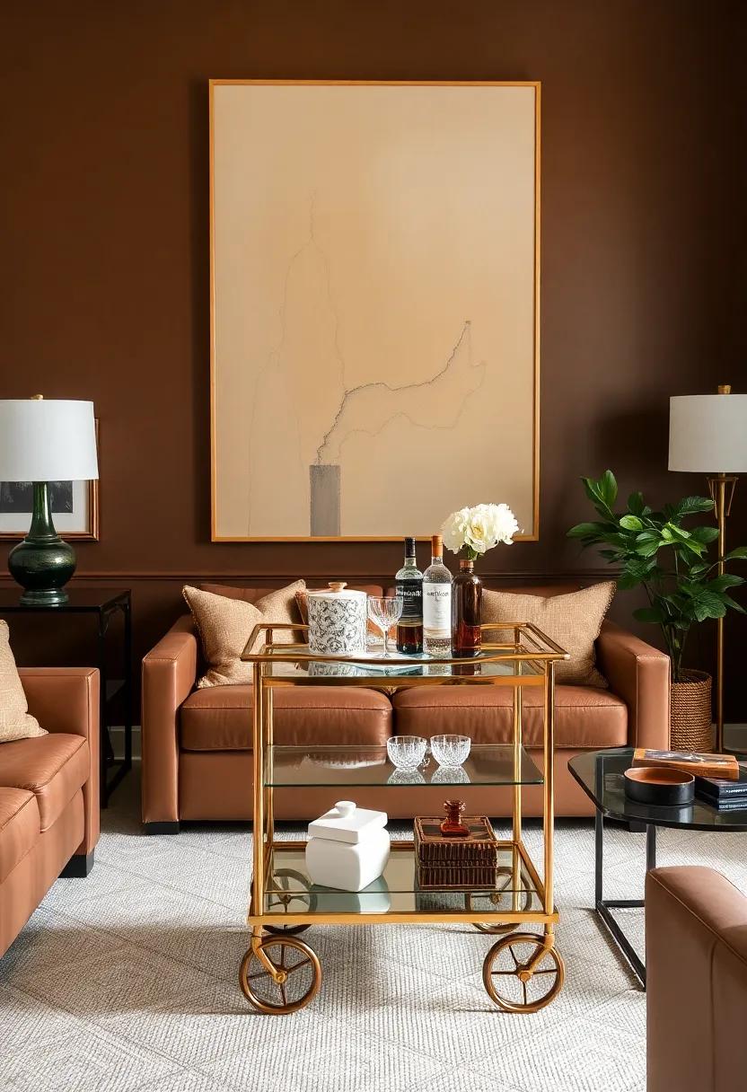 design a sophisticated ⁤gallery‌ wall behind⁢ a brown sectional and a glass ‌coffee table for‌ an artistic,⁤ curated vibe