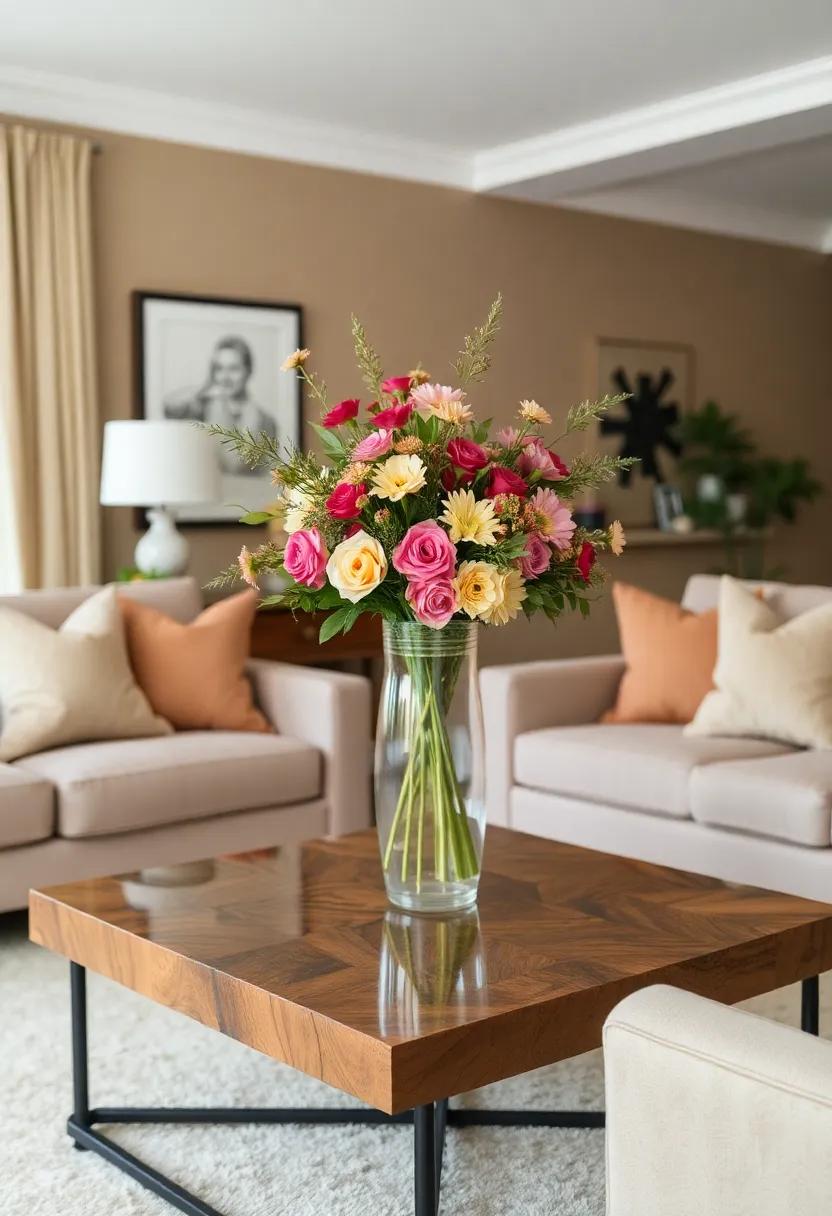 Showcase a stunning floral arrangement in a⁣ glass‌ vase placed‌ atop a brown reclaimed wood ​table for ‌a ⁤blend of⁢ rustic and refined