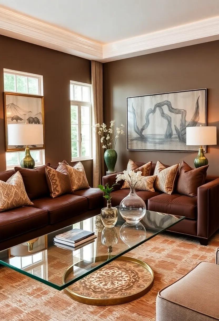 Finalize your chic atmosphere with⁣ a touch of glam⁢ by ⁢integrating metallic accents into ⁣a brown living​ room setting, paired with sophisticated ⁢glass furnishings
