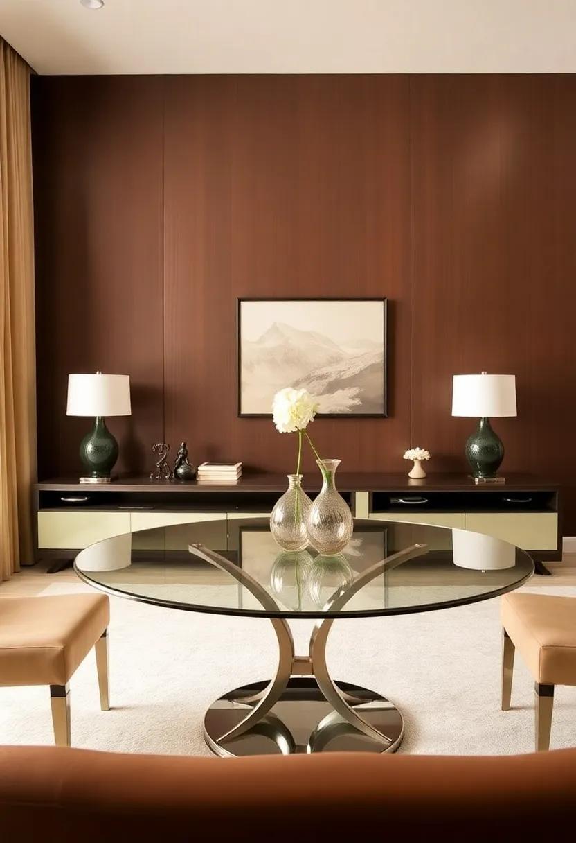 Use⁣ a ​round ⁤glass dining table against ⁤a rich chocolate⁣ brown accent⁣ wall to establish a stunning focal point in your living space