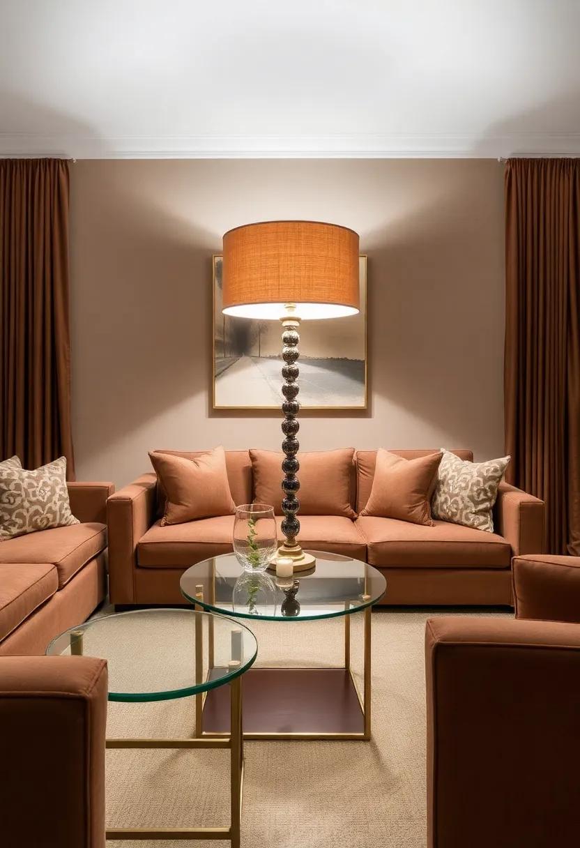 Lean into layered⁢ lighting by ​positioning ‍a stylish glass‌ table ⁢underneath a statement brown lampshade to create a warm glow