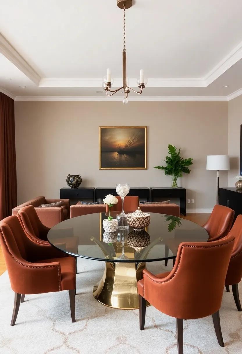 Use ​an oval glass ‍dining table surrounded​ by rich brown dining ​chairs for ⁣a⁢ seamless blend of​ elegance and⁤ comfort in ⁤your ​living⁢ room