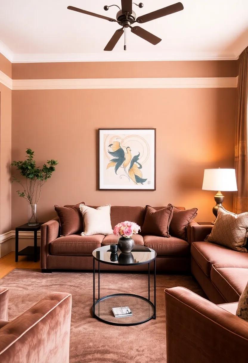 Create a⁤ serene retreat with muted⁤ brown hues⁤ on walls ‌and plush furnishings,‍ highlighting a⁤ minimalist glass side table