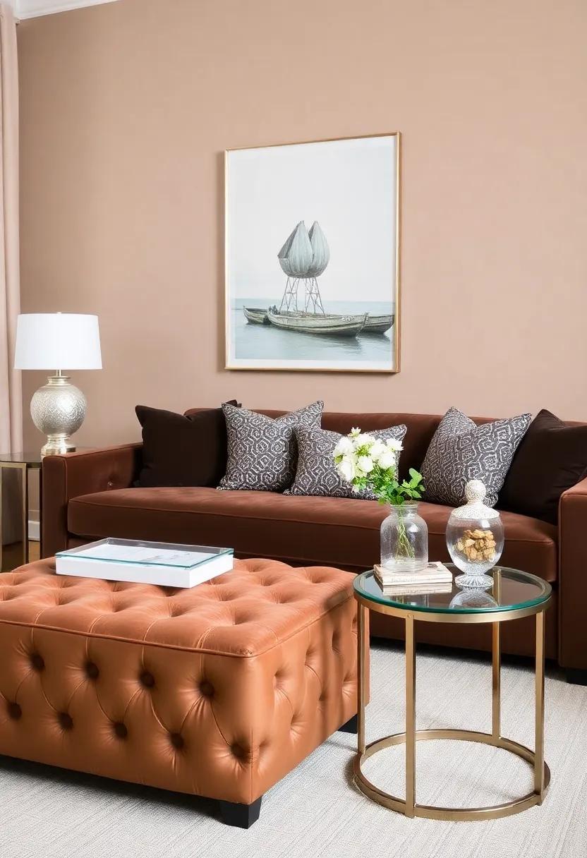 Pair a plush brown ​upholstered⁢ ottoman with a delicate glass-topped ⁢side table for a perfect combination ​of comfort and elegance