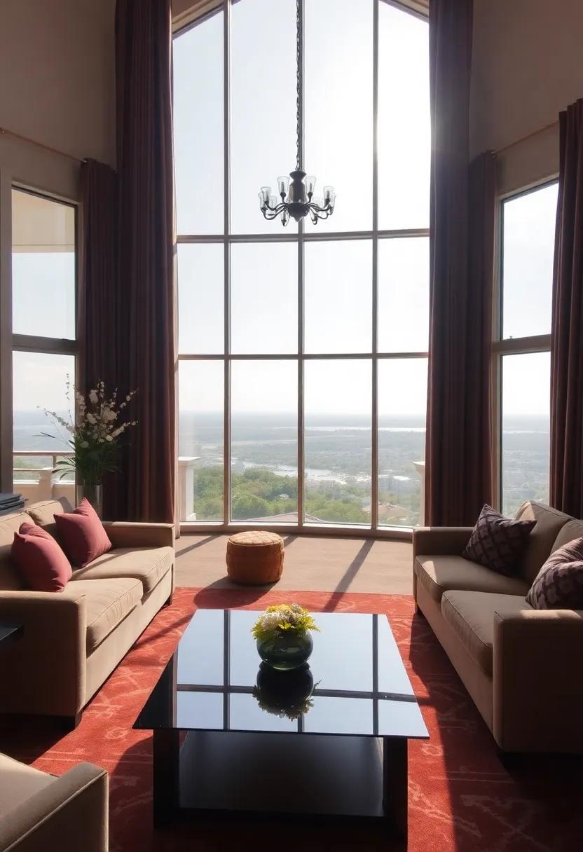Highlight⁣ a beautiful view ⁤with​ large glass ‍windows ⁤framed by deep brown curtains, accompanied by a spacious glass coffee table near‌ seating