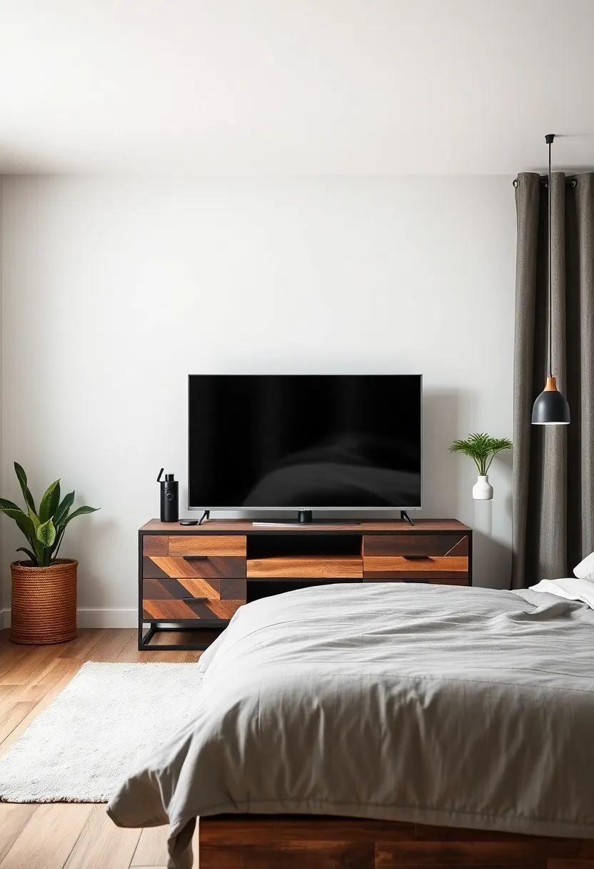 Industrial Metal Frame - Add a touch of urban elegance⁢ with an industrial-style TV unit, combining⁢ rugged metal with reclaimed wood for an ​eclectic yet stylish‌ vibe