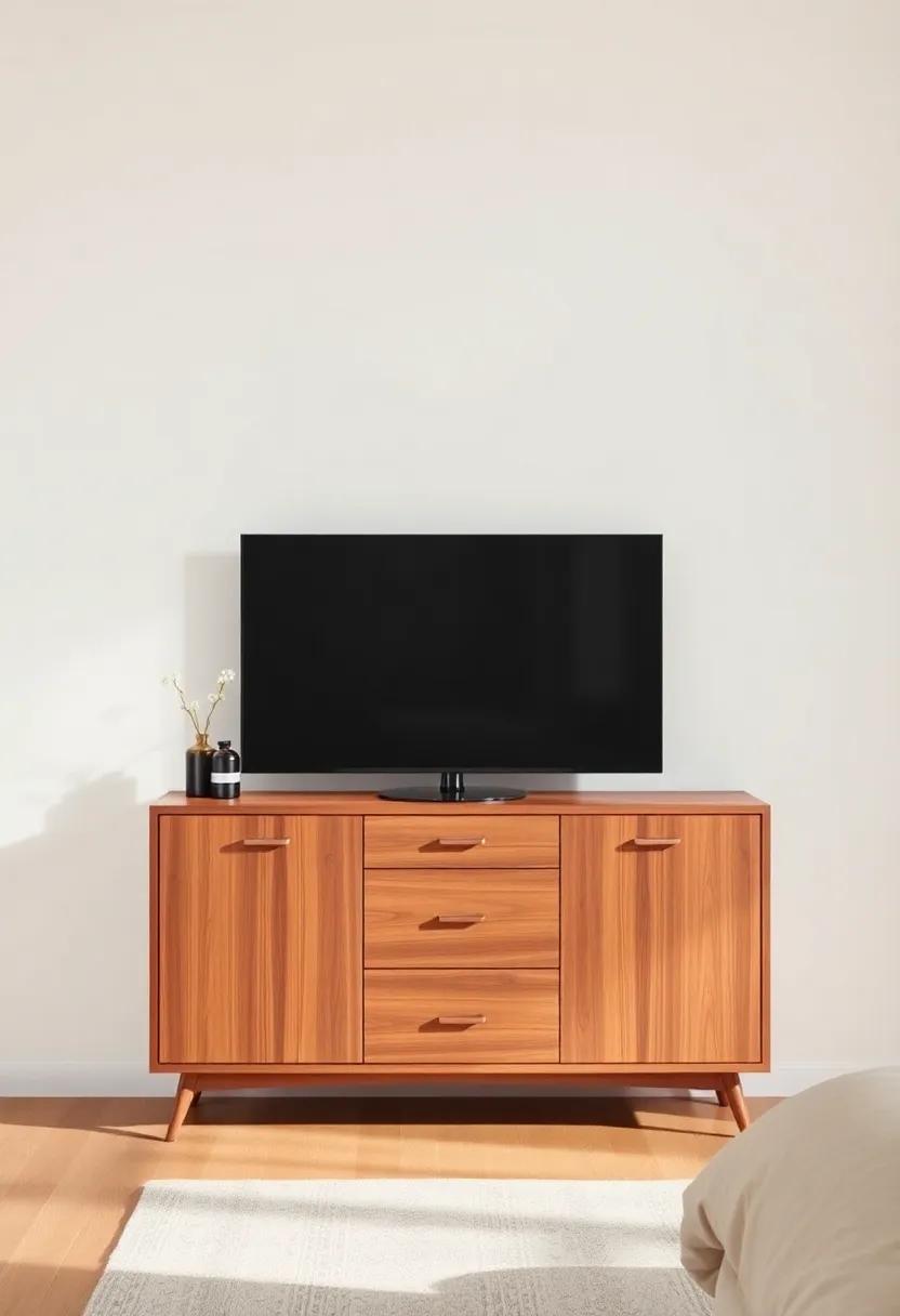 Mid-Century Modern Console - Channel the⁢ vintage aesthetic with a mid-century modern console, featuring tapered​ legs‍ and ​rich walnut wood for a cozy, retro feel