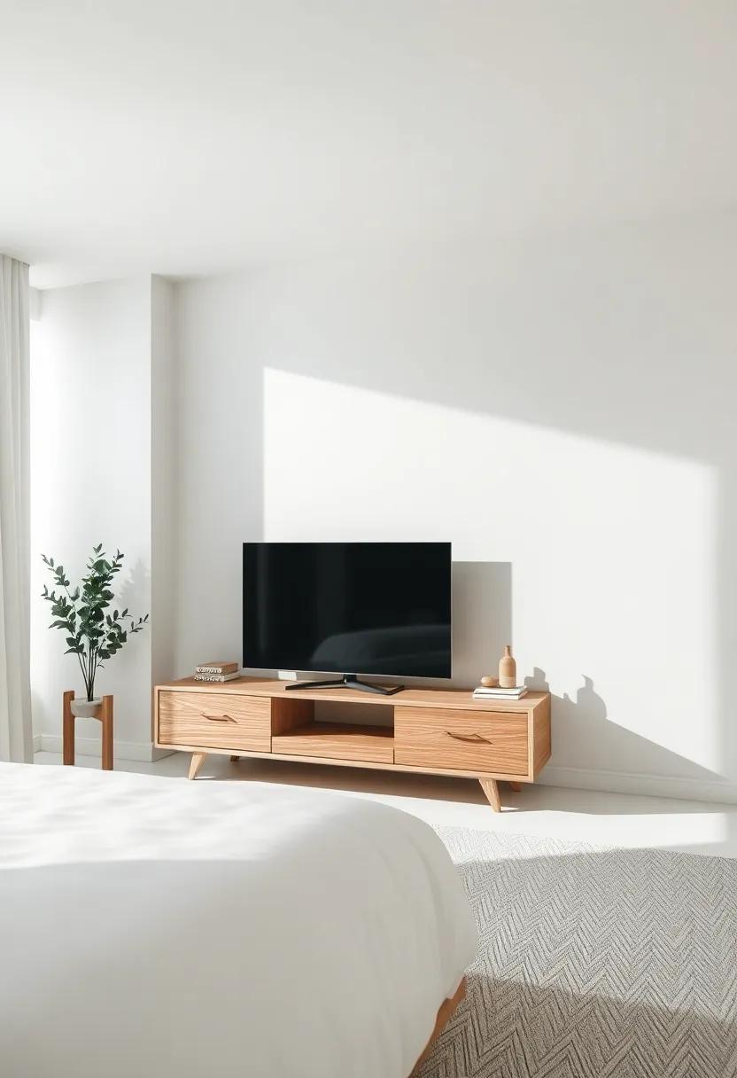 Scandinavian ⁣Design⁣ Unit - Keep it light and airy with a Scandinavian-inspired TV unit, utilizing soft colors and functional design to enhance a serene bedroom atmosphere