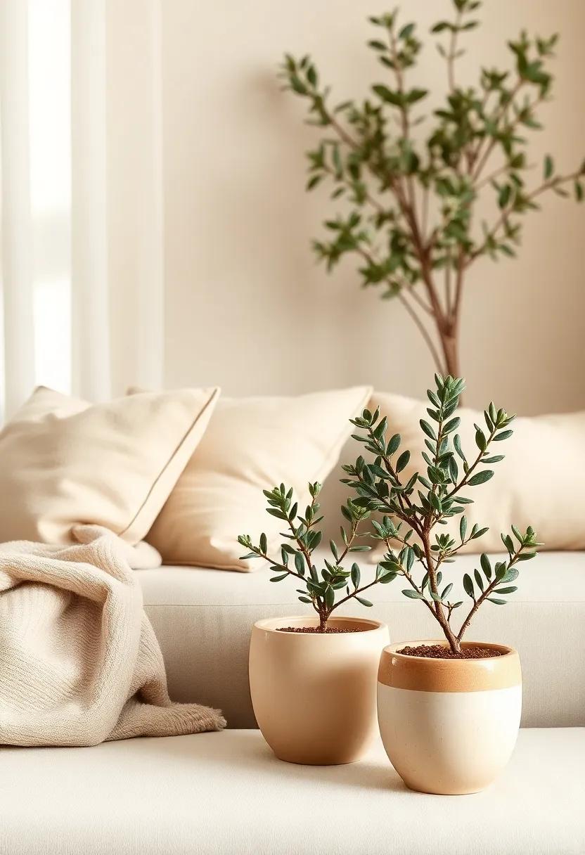 Add a Touch of Nature: Incorporate small potted olive trees or succulents in beige ceramic pots to bring a fresh, earthy vibe to your living room