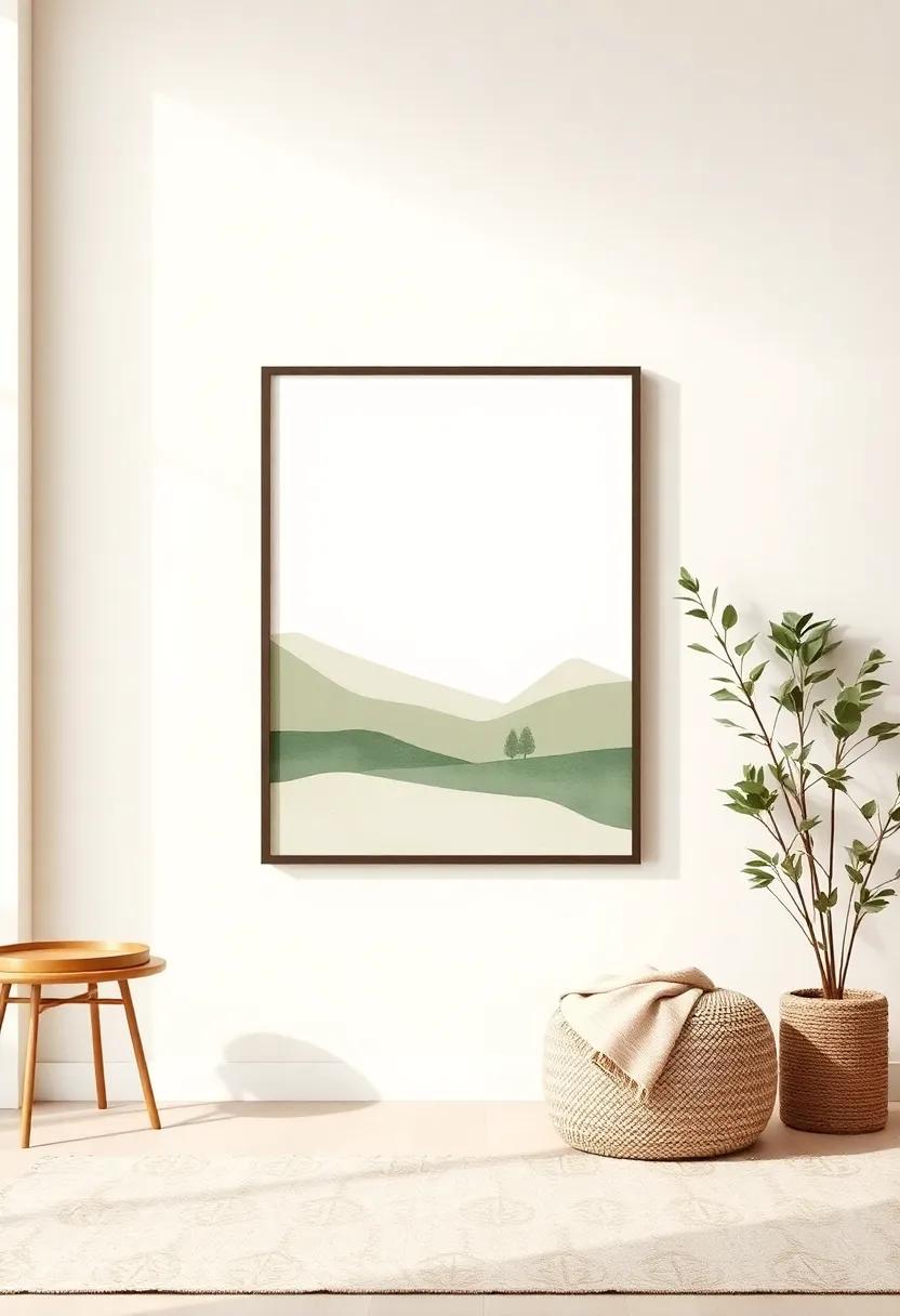 Nature-Inspired Art: Hang artwork featuring natural landscapes in shades of beige and olive green.This strengthens the cozy,organic connection between your decor and the outdoors