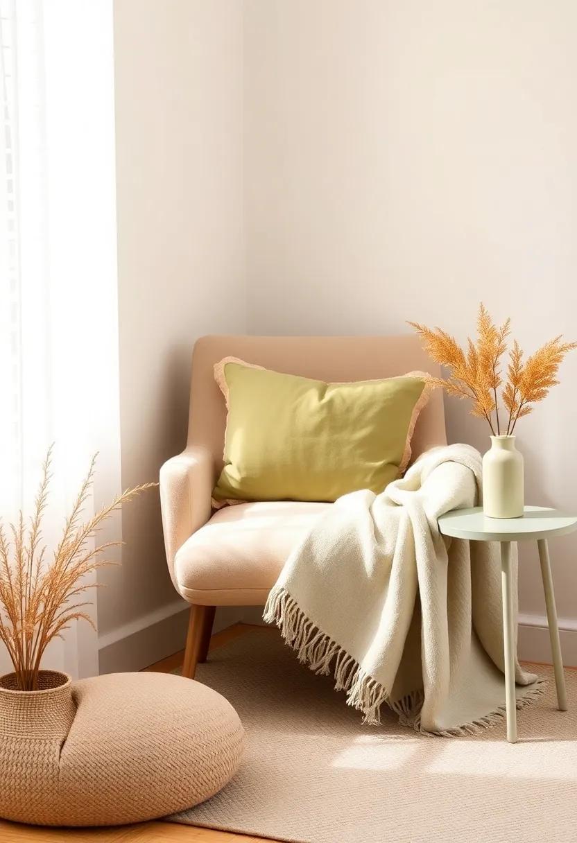 Cozy Reading nook: Create a tranquil reading corner with a beige armchair, a soft olive green cushion, and a plush throw. A small side table in a matching hue completes the setup