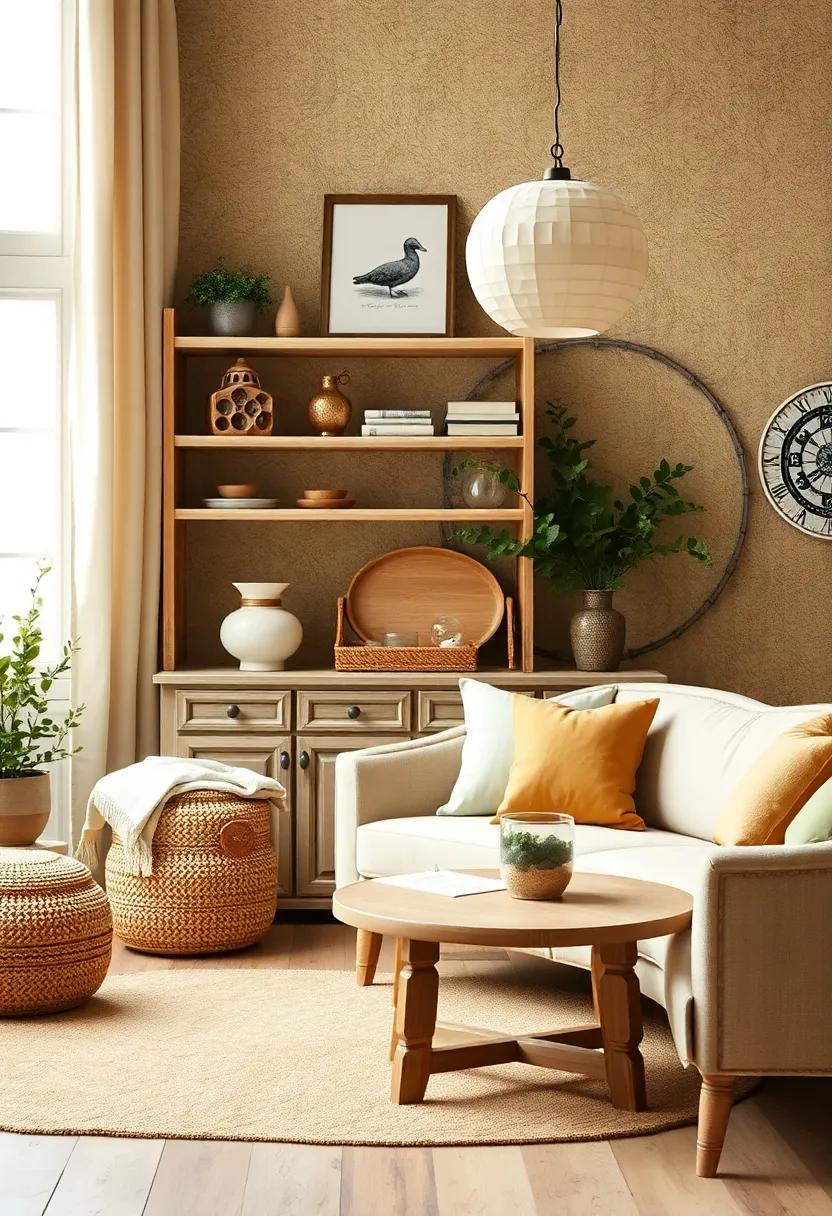 Rustic charm: Incorporate reclaimed wood furniture in a light beige finish alongside olive green decor items. This creates a warm and welcoming rustic feel in your home