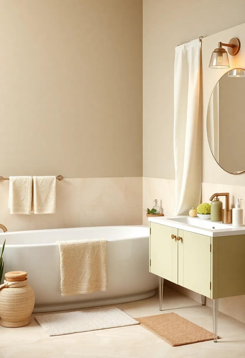 Earthy Bathroom Bliss: Accent your bathroom with beige towels and olive green accessories such as soap dispensers and shower curtains, creating a serene spa-like environment