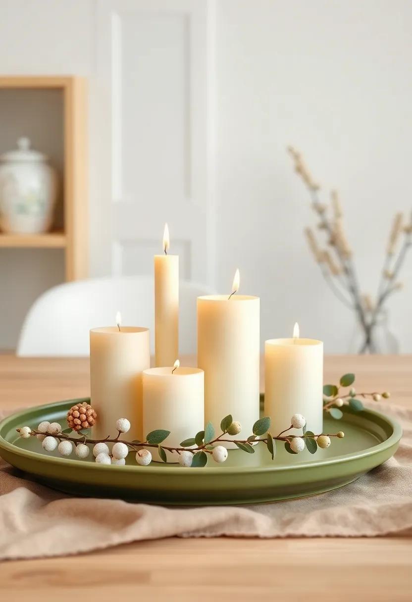 Cozy Candle Displays: Use creamy beige candles of varying heights on an olive green tray for a simple yet elegant centerpiece on your dining table