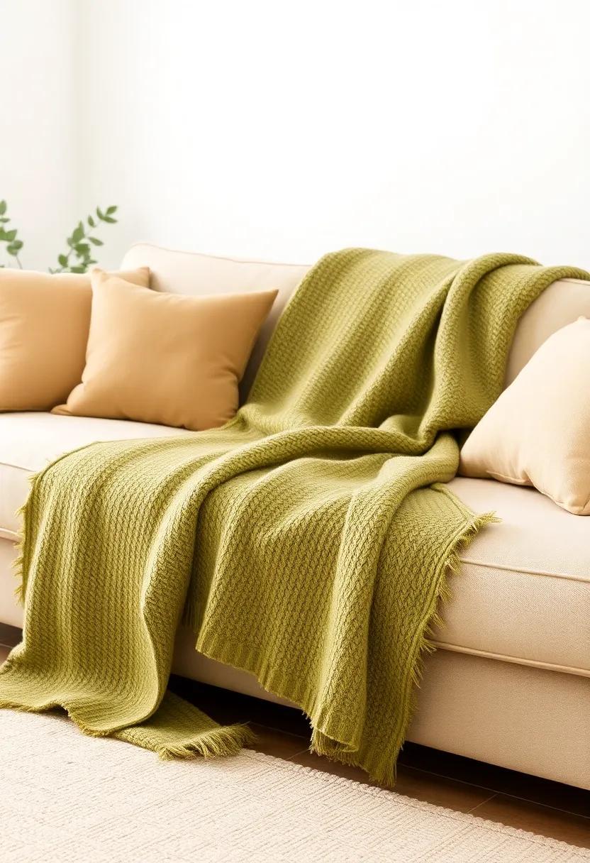 Layered Textiles: Use an olive green throw blanket over a beige couch for a comfy, inviting atmosphere. Combine different textures like knit, velvet, and linen for visual interest
