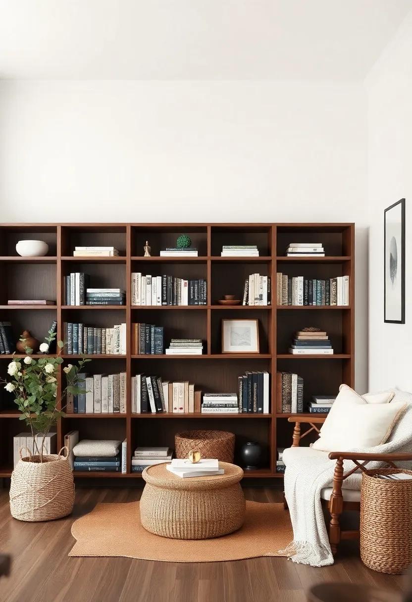 Create⁤ a cozy‌ reading​ nook with a​ dark walnut ⁢bookshelf paired with ivory ​cushions and a soft throw,⁣ making the perfect ⁤spot‌ for book lovers