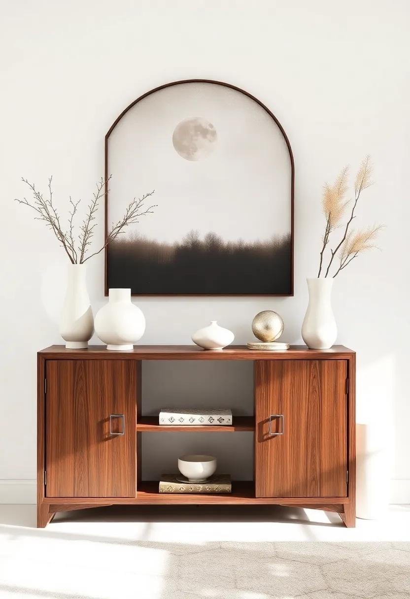 Design a chic entryway using⁣ a dark walnut console table topped ⁣with ivory decorative elements like vases ⁢or sculptures for a refined first impression