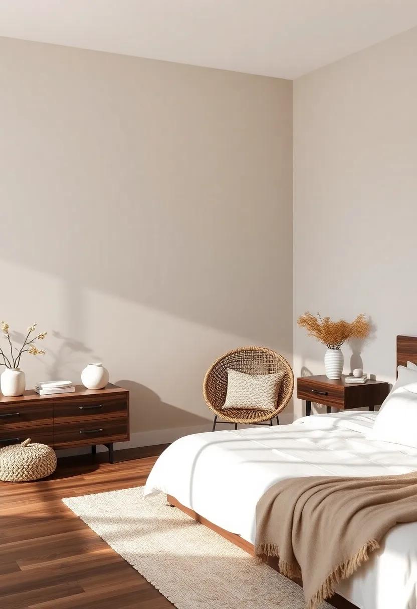 design‌ a‌ serene ⁤bedroom with dark walnut furniture, ivory bedding, and ‍natural textures for a calming ⁣retreat⁣ that embodies⁣ tranquility and style