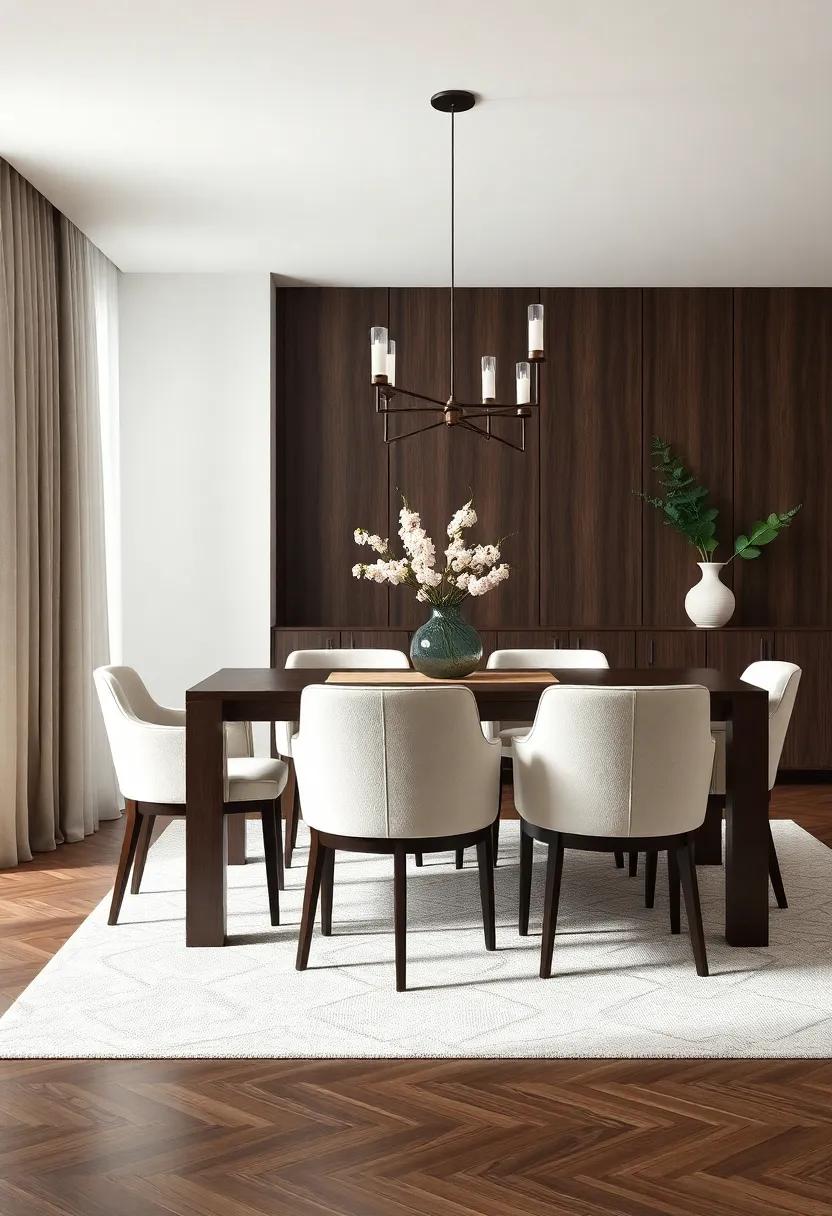 Incorporate a dark⁢ walnut dining table⁢ with ivory upholstered chairs ⁤for an inviting and elegant dining experience ⁤that encourages gatherings