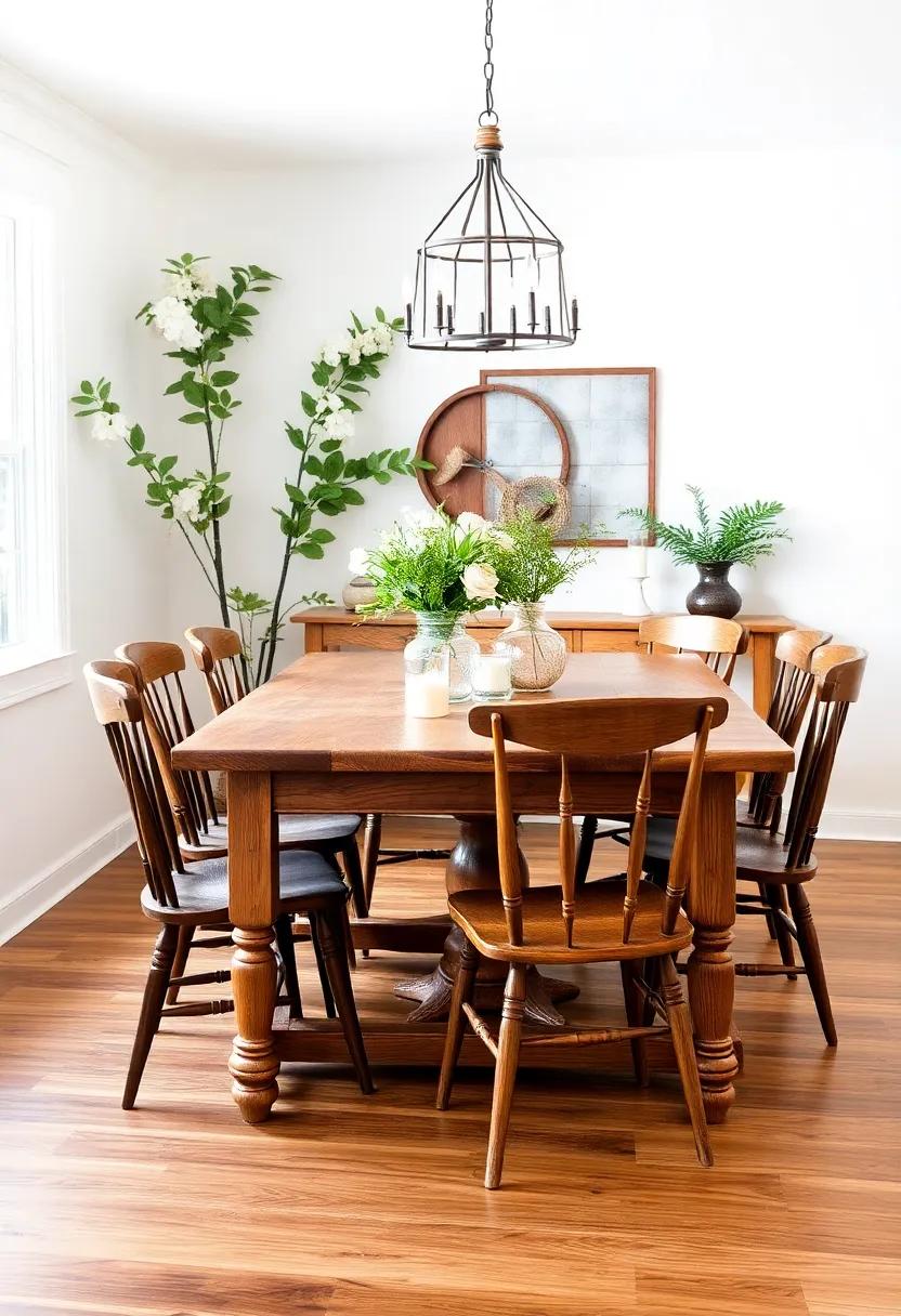 Rustic Farmhouse Charm: Embrace the warmth of reclaimed wood paired with vintage dining chairs for a cozy, inviting atmosphere