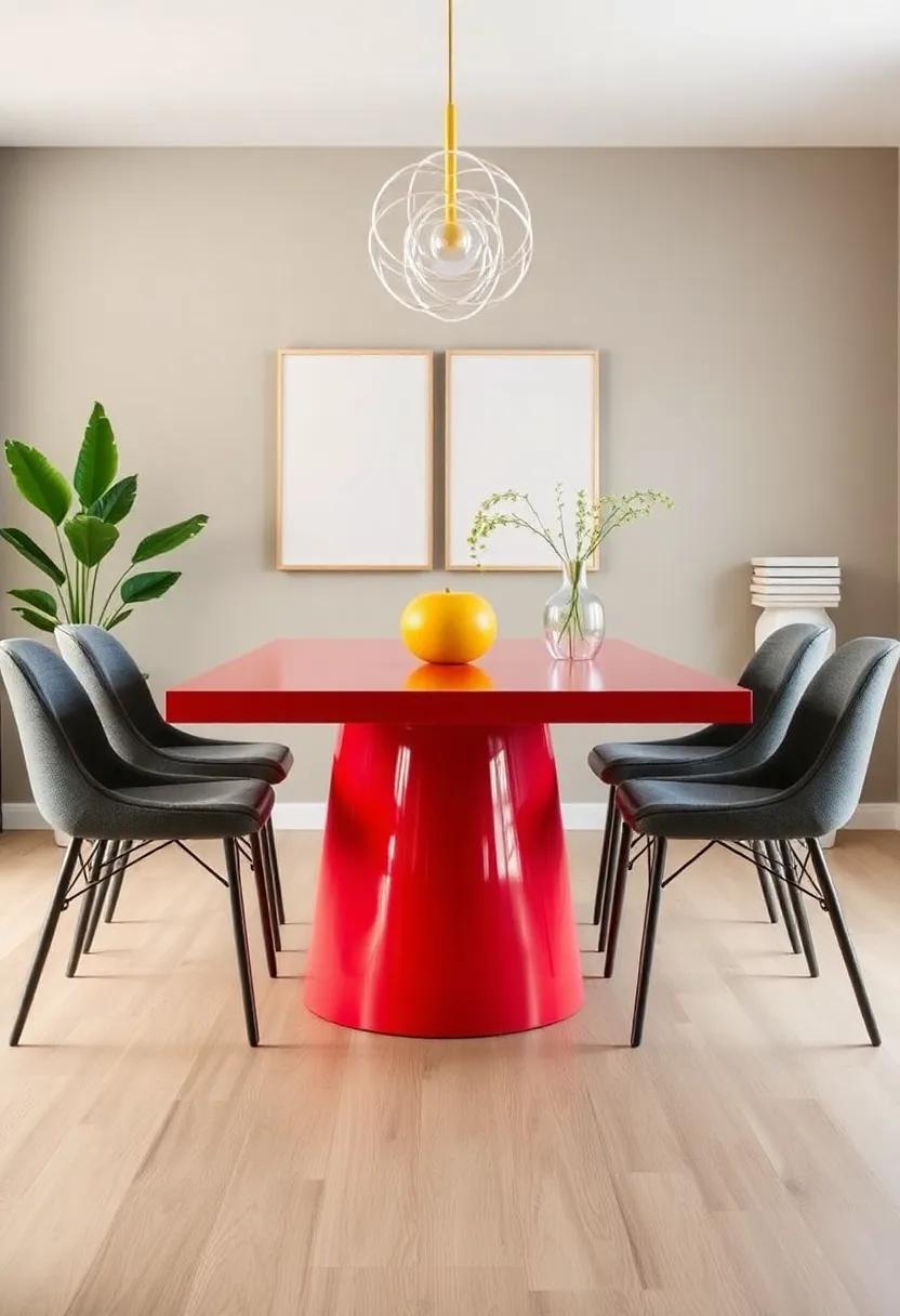 Bold Color pop: Choose a vibrant painted table to serve as the focal point of your dining room, complemented by neutral seating